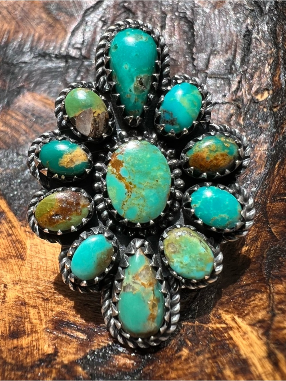 925 Sterling Kingman Turquoise Cluster Ring Size 9 Statement Southwestern